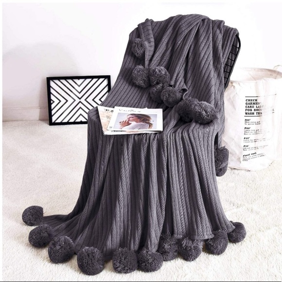 Urban Outfitters Other - Trendy Dark Grey Pompom Fringe Chic Cozy Soft Throw Blanket/Cover Dorm/Bedroom